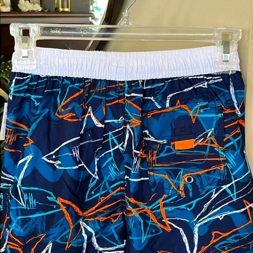 Brand New Oshkosh Swim Shorts Navy Blue Orange Graphic Shark Print Swim Trunks